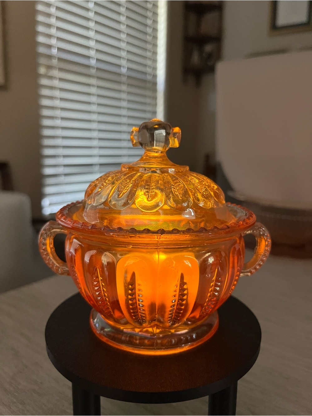 Vintage Amber Glass Covered Sugar Bowl Fairy Lamp Décor - Picture 2 of 5